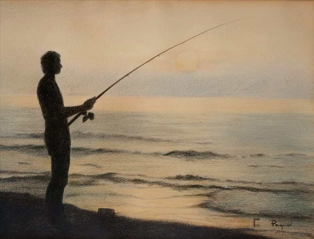 Dibujo en lápiz: mi padre pescando en la orilla