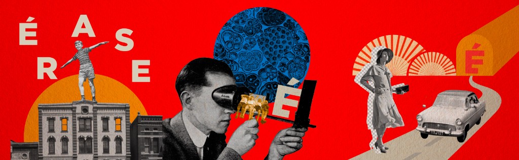 Érase un collage — cabecera artística, collage en rojo con figuras y tipografía