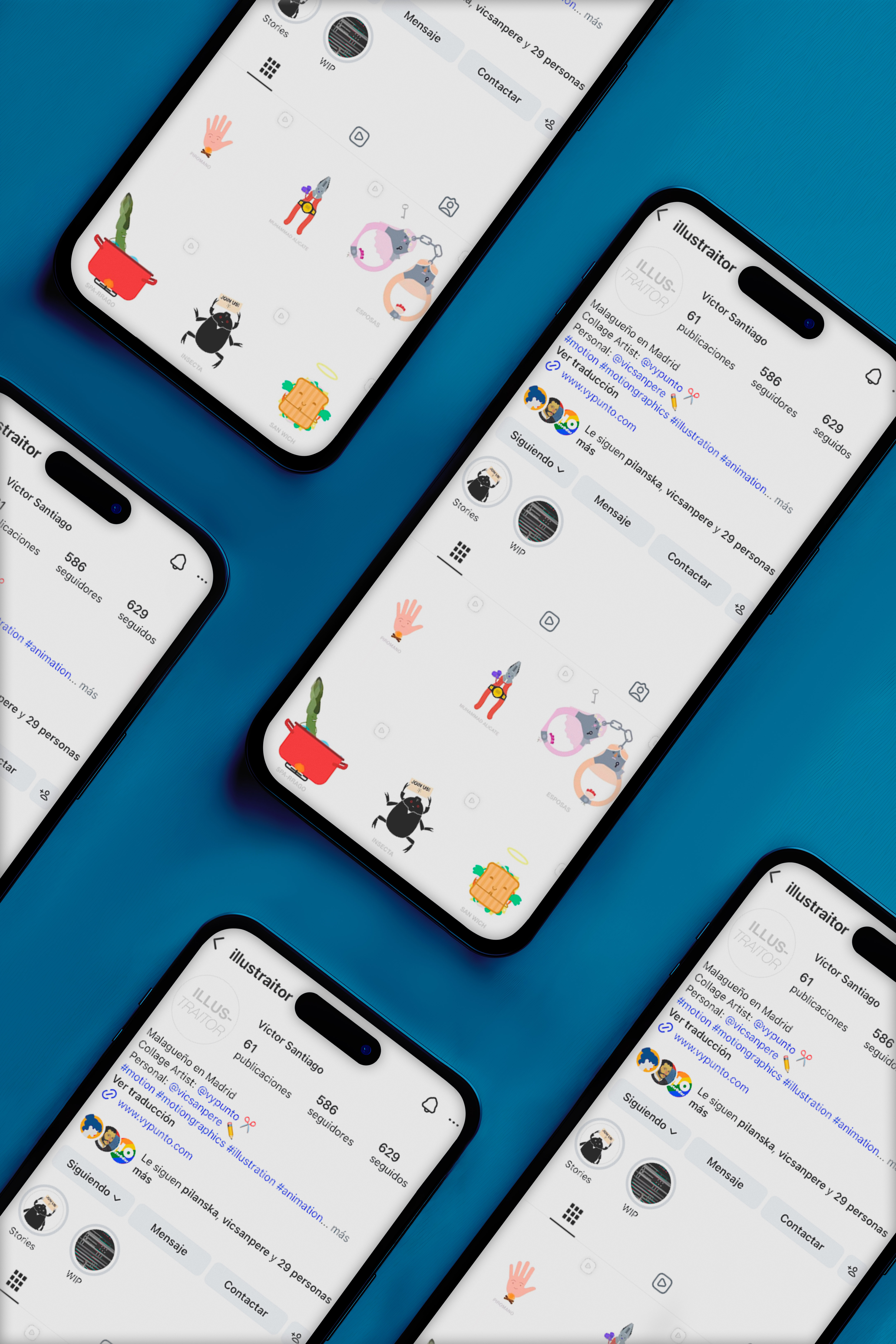 ILLUSTRAITOR — mockup con cinco móviles y perfil de Instagram @illustraitor