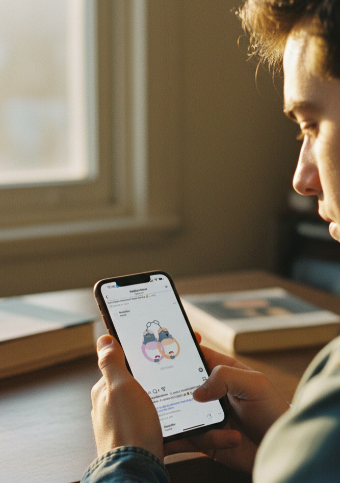 ILLUSTRAITOR — persona con móvil mostrando la ilustración en Instagram @illustraitor