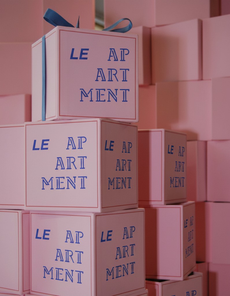 Le Apartment — cajas de identidad en rosa y tipografía