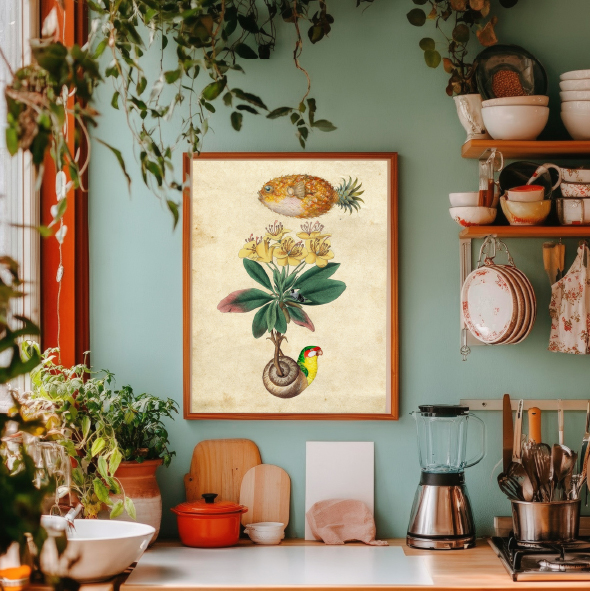 Collaje en marco de madera en cocina con pared verde, plantas y estantes con vajilla